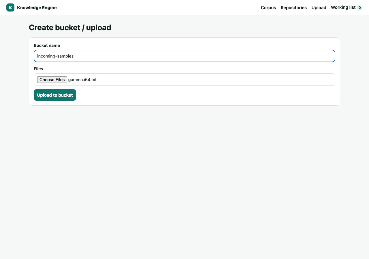 Upload screen with a bucket name and a file selected