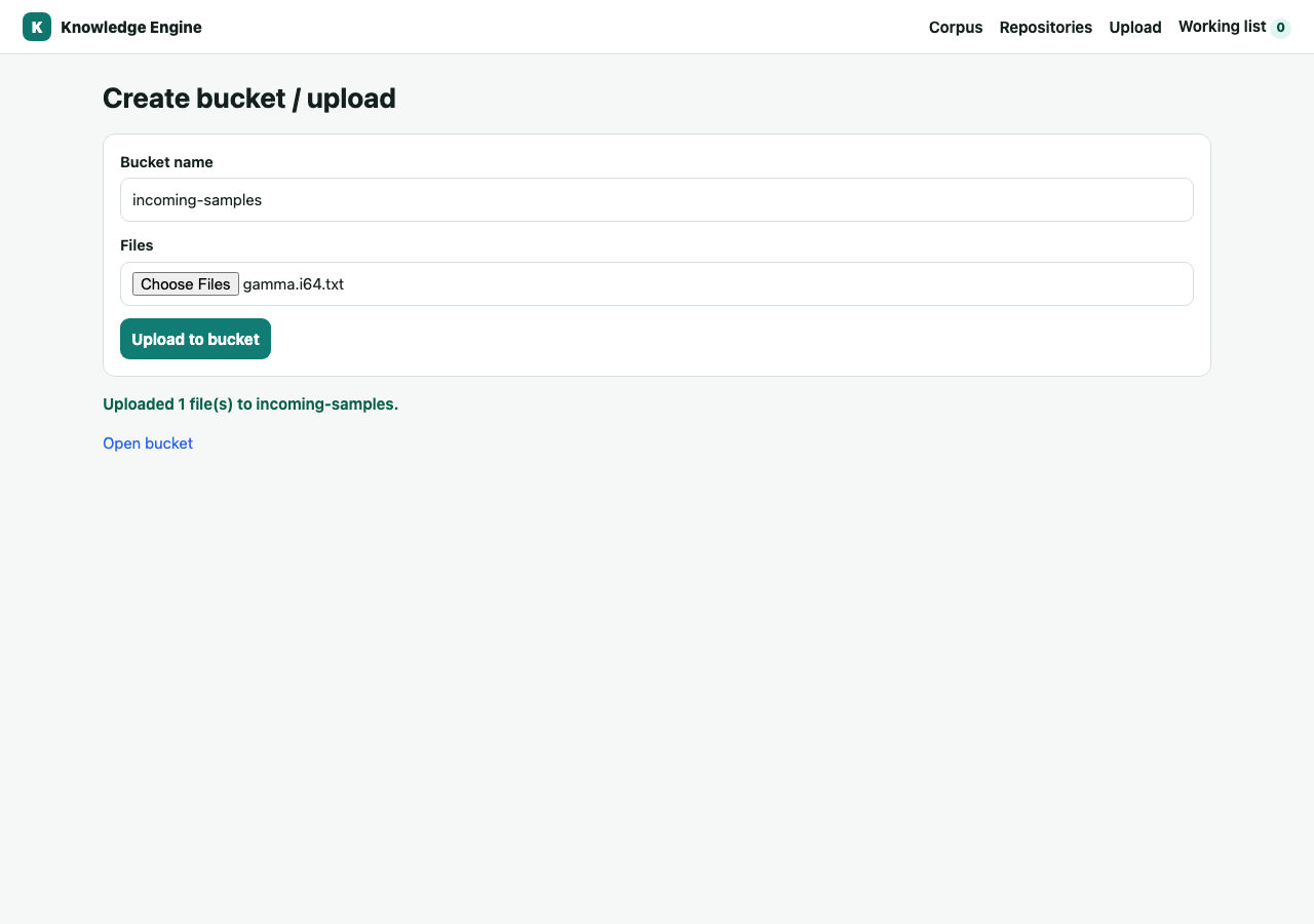 Upload success with a link to open the bucket