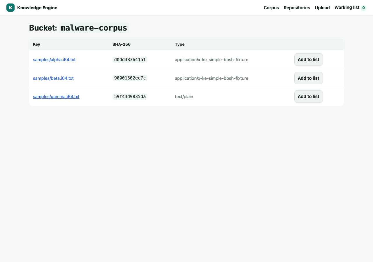 Bucket view listing objects with key, hash, and type
