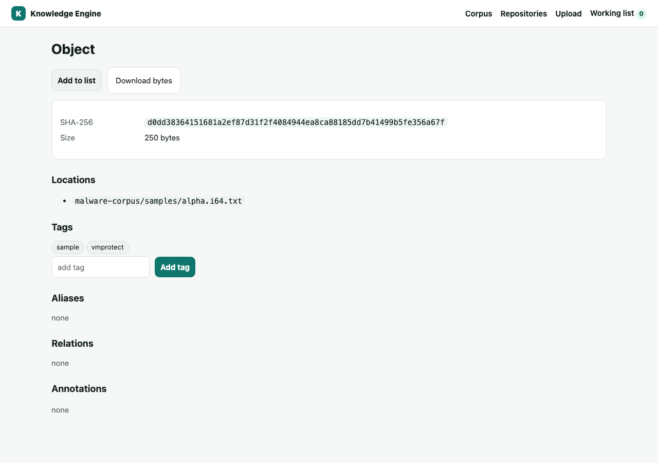 Object detail page with hash, location, tags, and download