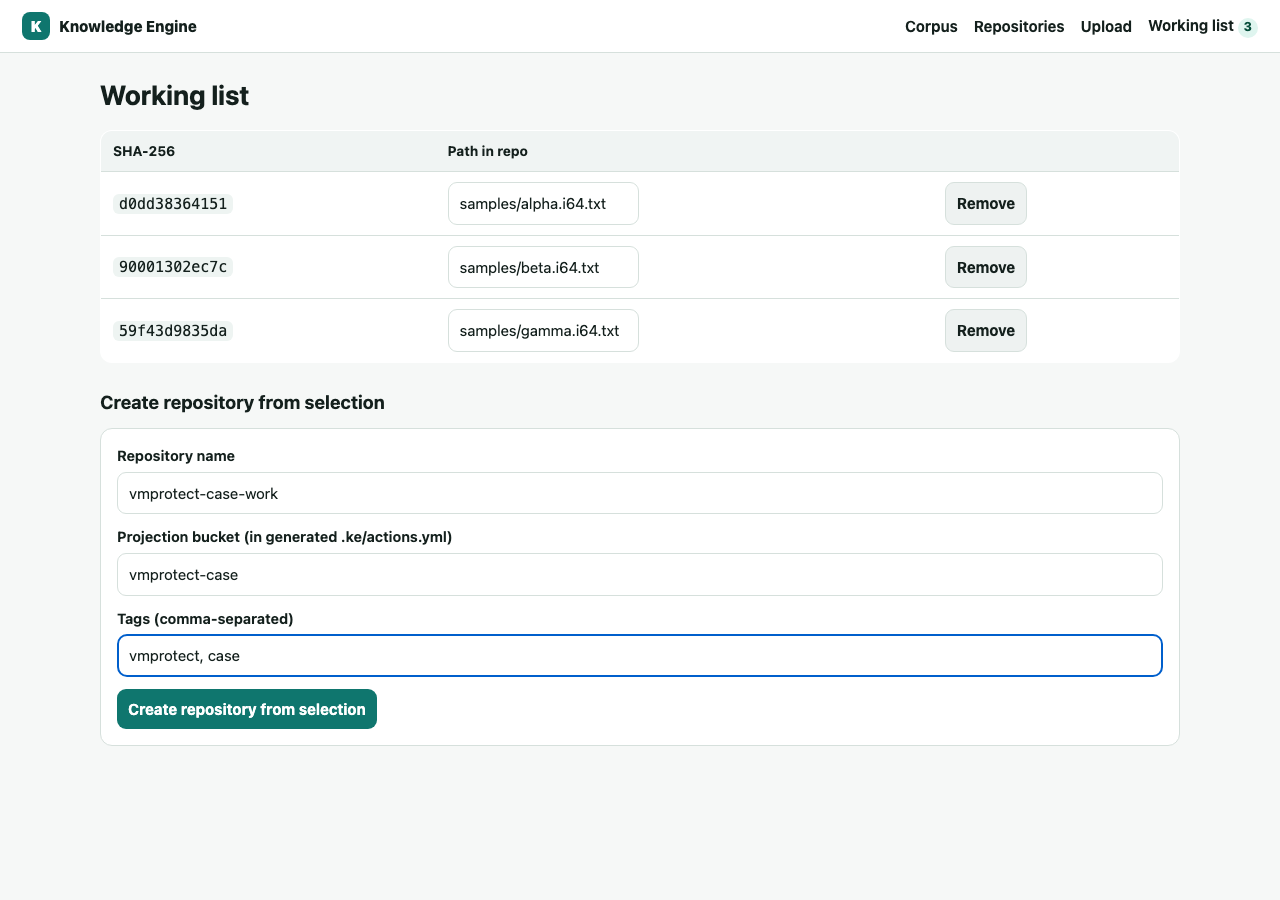 Working list with selected objects and a create-from-selection form